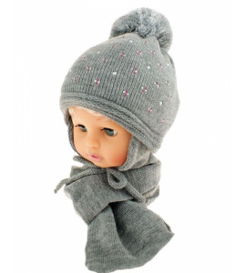Baby Nellys ® Zimná čiapka s brmbolcom a šálom - sivá s kamienkami, veľ. 1-3 roky