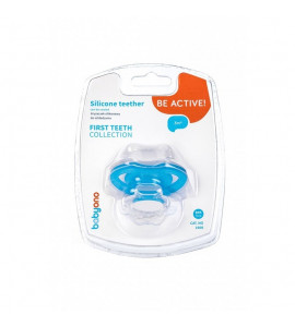 BabyOno hryzačka silikón bez BPA v tvare cumlíka s krytom modrá