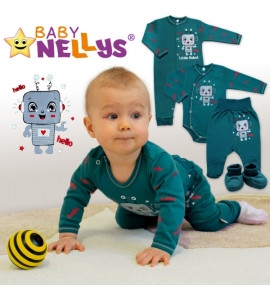 Baby Nellys Bavlnený dojčenský overal Little Robot, tmavo zelený
